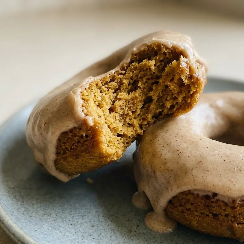 Macro detail of a pumpkin donut with thick maple glaze dripping over the edge and brown sugar crystals on top.