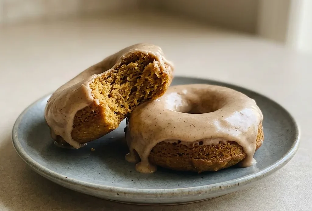 Top-down look at three pumpkin donuts with glossy maple glaze and visible pumpkin puree and spice specks.