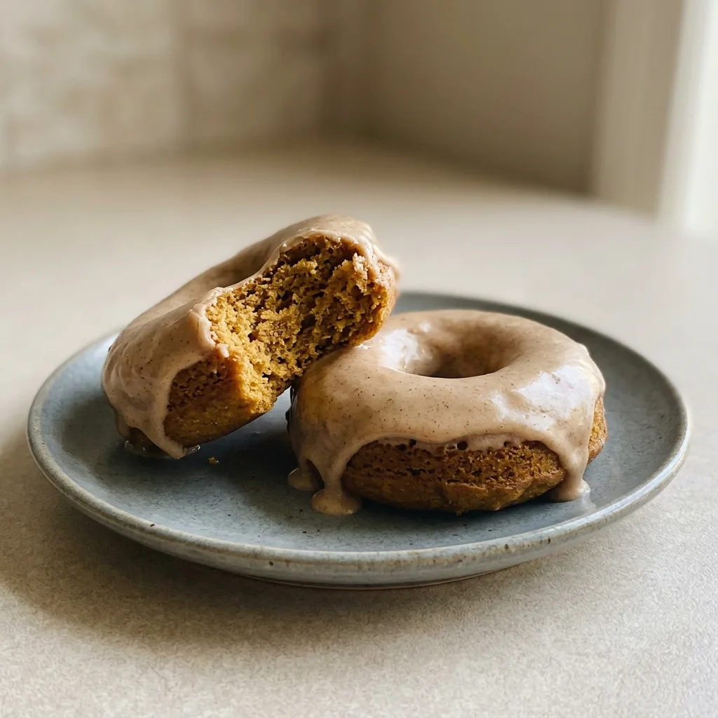 Top-down look at three pumpkin donuts with glossy maple glaze and visible pumpkin puree and spice specks.