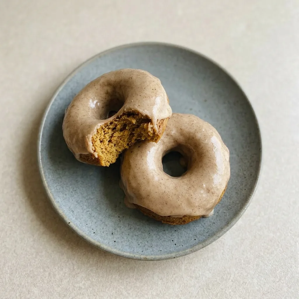 A serving of two pumpkin donuts with maple glaze, showing the donut texture and glaze sheen.