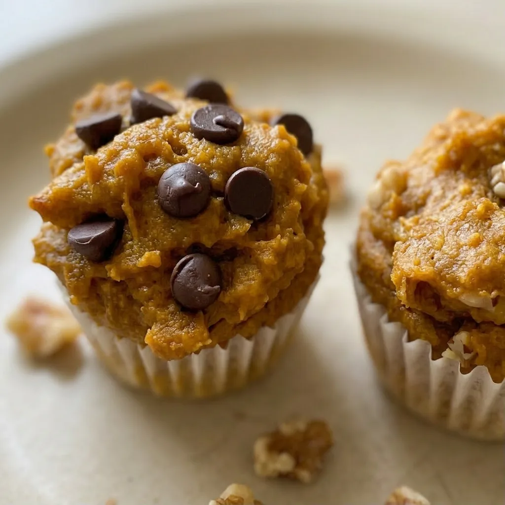 Close view of a mini muffin with a domed top, visible pumpkin puree specks, and a dusting of spice.