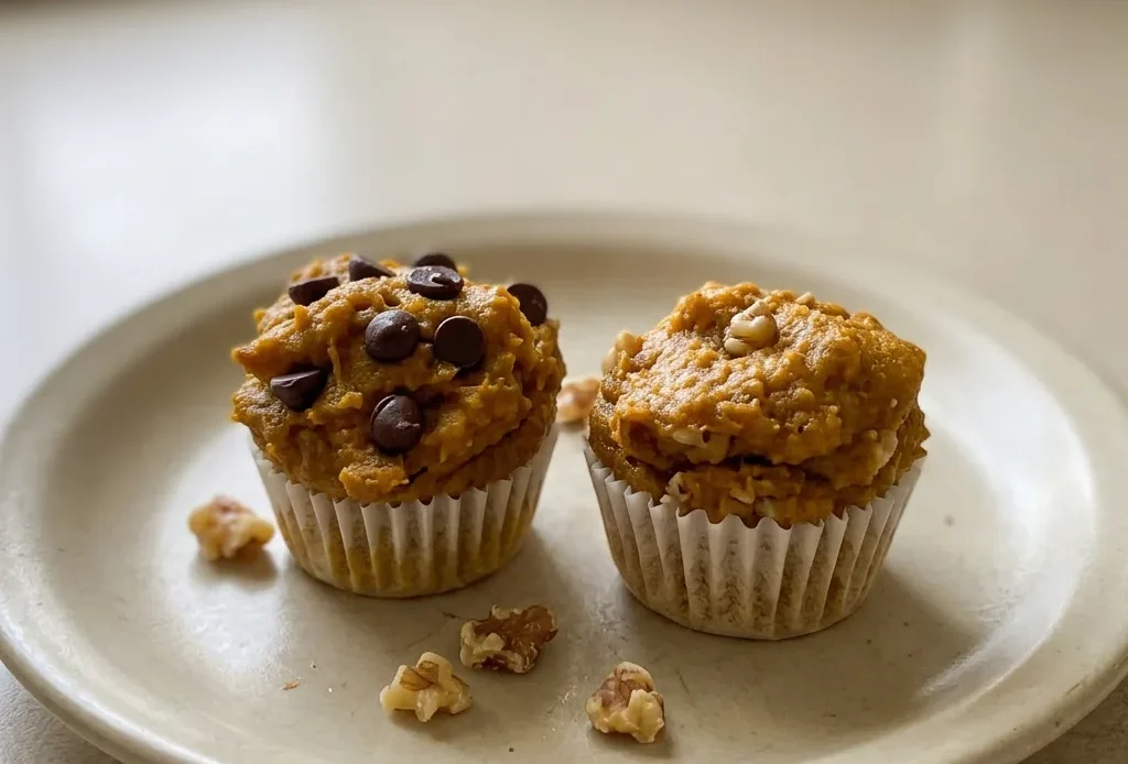 Overhead shot of three mini muffins with golden tops, one broken open revealing moist crumb, on a white plate.