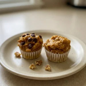 Overhead shot of three mini muffins with golden tops, one broken open revealing moist crumb, on a white plate.