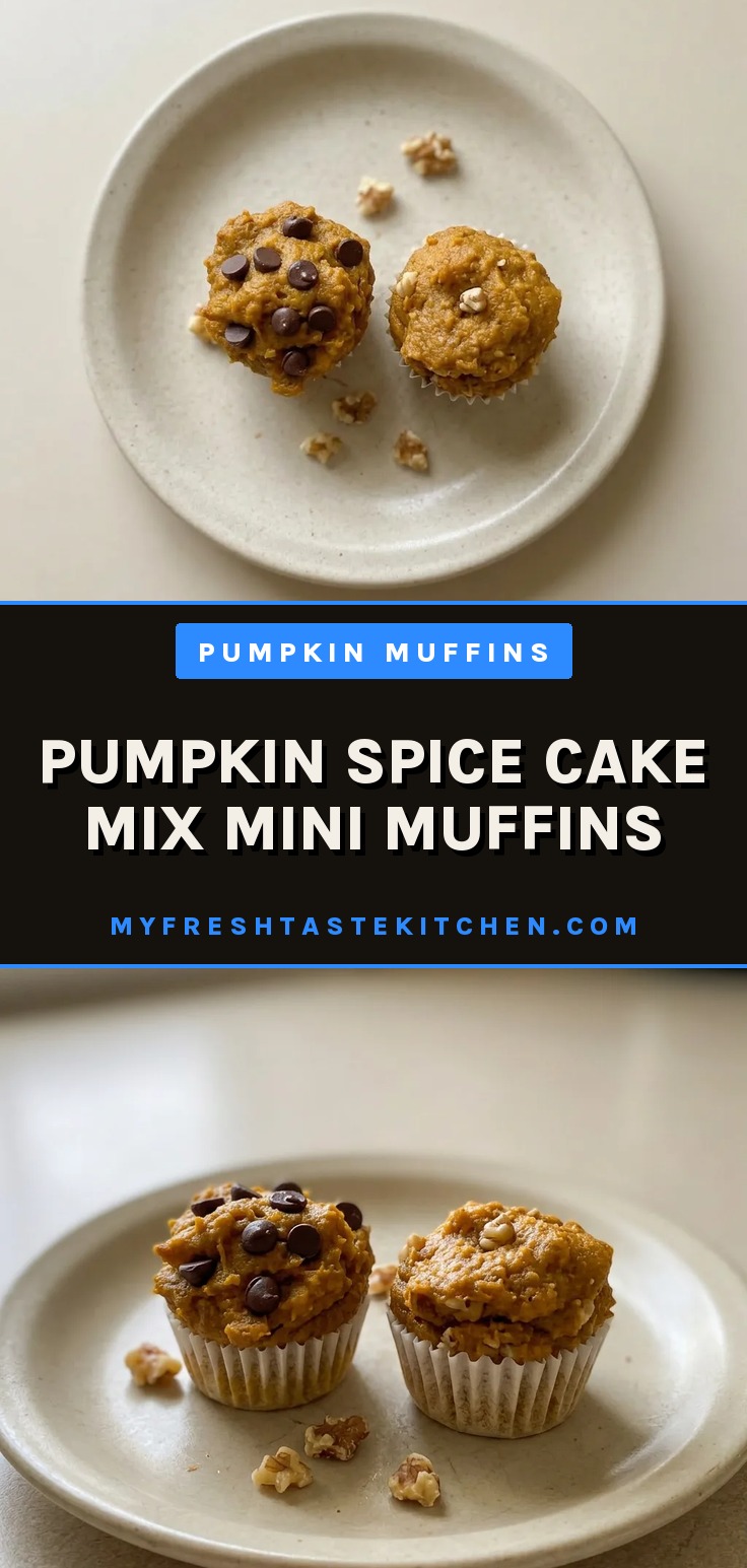 Overhead shot of three mini muffins with golden tops, one broken open revealing moist crumb, on a white plate.
