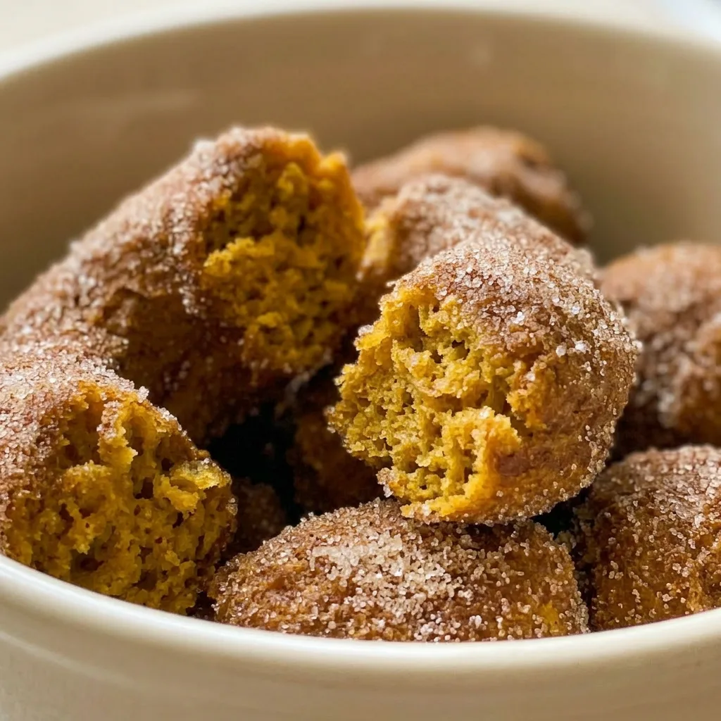 Close view of a pumpkin spice donut with visible pumpkin puree specks, topped with brown sugar glaze and cinnamon.
