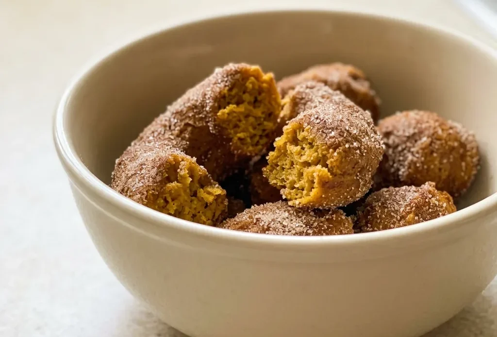 Overhead shot of two pumpkin spice donuts with brown sugar glaze and cinnamon dusting on a white plate.