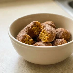 Overhead shot of two pumpkin spice donuts with brown sugar glaze and cinnamon dusting on a white plate.