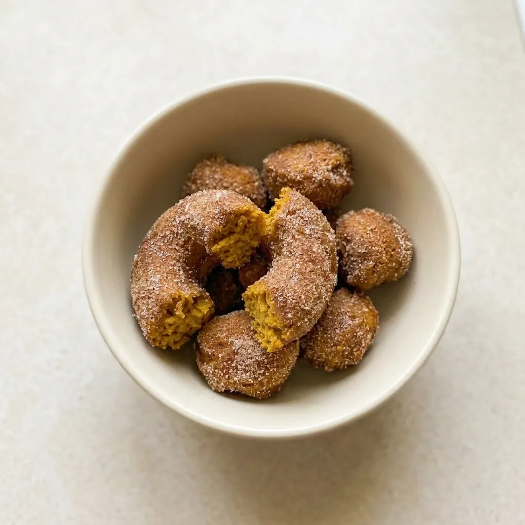 Plated pumpkin spice donuts with pumpkin pie spice and cinnamon topping, arranged on a white plate.