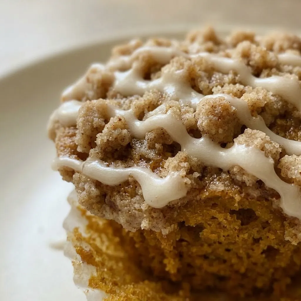 Close view of a pumpkin muffin with visible pumpkin pie spice specks and a thick layer of cinnamon streusel.
