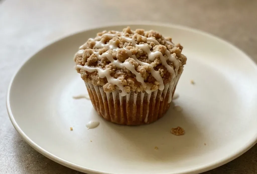 Overhead shot of a pumpkin streusel muffin topped with crumbly brown sugar streusel and a dusting of powdered sugar.