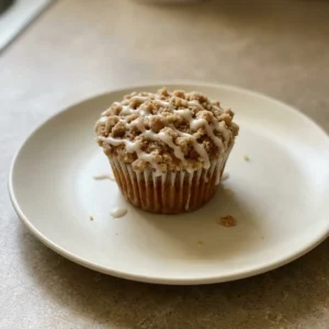 Overhead shot of a pumpkin streusel muffin topped with crumbly brown sugar streusel and a dusting of powdered sugar.