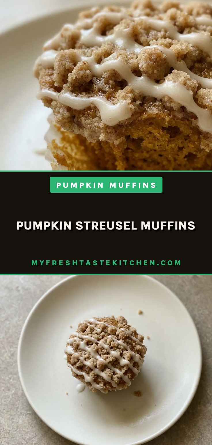 Overhead shot of a pumpkin streusel muffin topped with crumbly brown sugar streusel and a dusting of powdered sugar.
