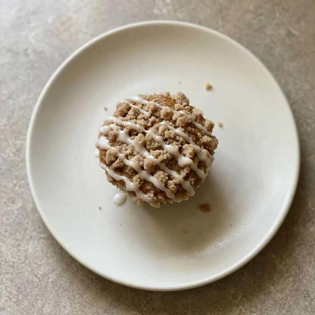 Plated pumpkin muffin with a dollop of sour cream, a drizzle of vanilla, and a sprinkle of cinnamon.