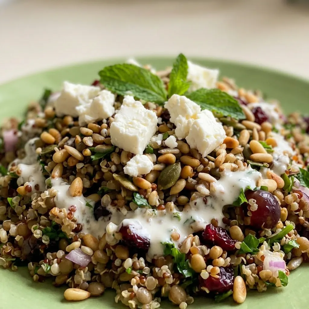 Up close, quinoa and lentils mixed with crumbled feta, dried cranberries, toasted seeds, and capers, garnished with fresh herbs and a yogurt-cumin dressing.