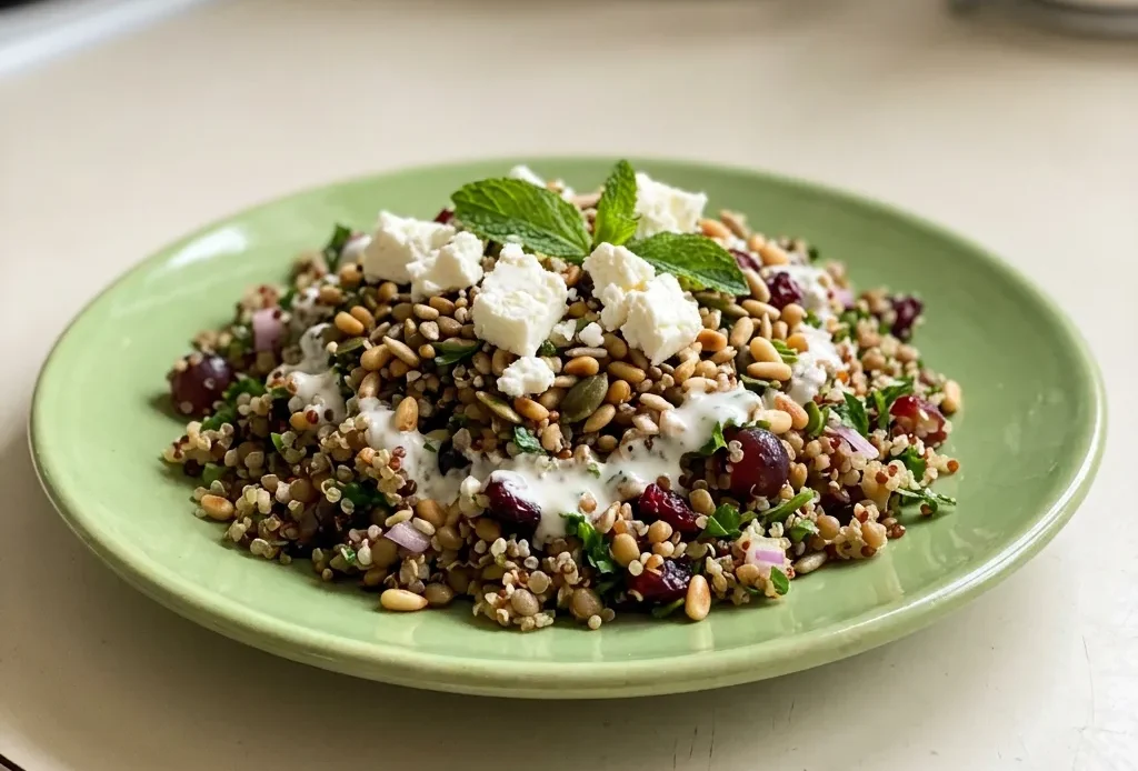 Looking down at a bowl of quinoa and lentil salad topped with feta, cranberries, toasted seeds, and capers, with a drizzle of yogurt-cumin dressing.