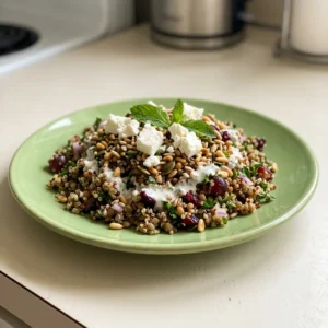 Looking down at a bowl of quinoa and lentil salad topped with feta, cranberries, toasted seeds, and capers, with a drizzle of yogurt-cumin dressing.