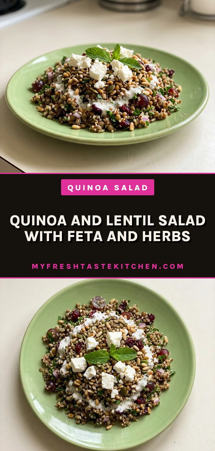 Looking down at a bowl of quinoa and lentil salad topped with feta, cranberries, toasted seeds, and capers, with a drizzle of yogurt-cumin dressing.