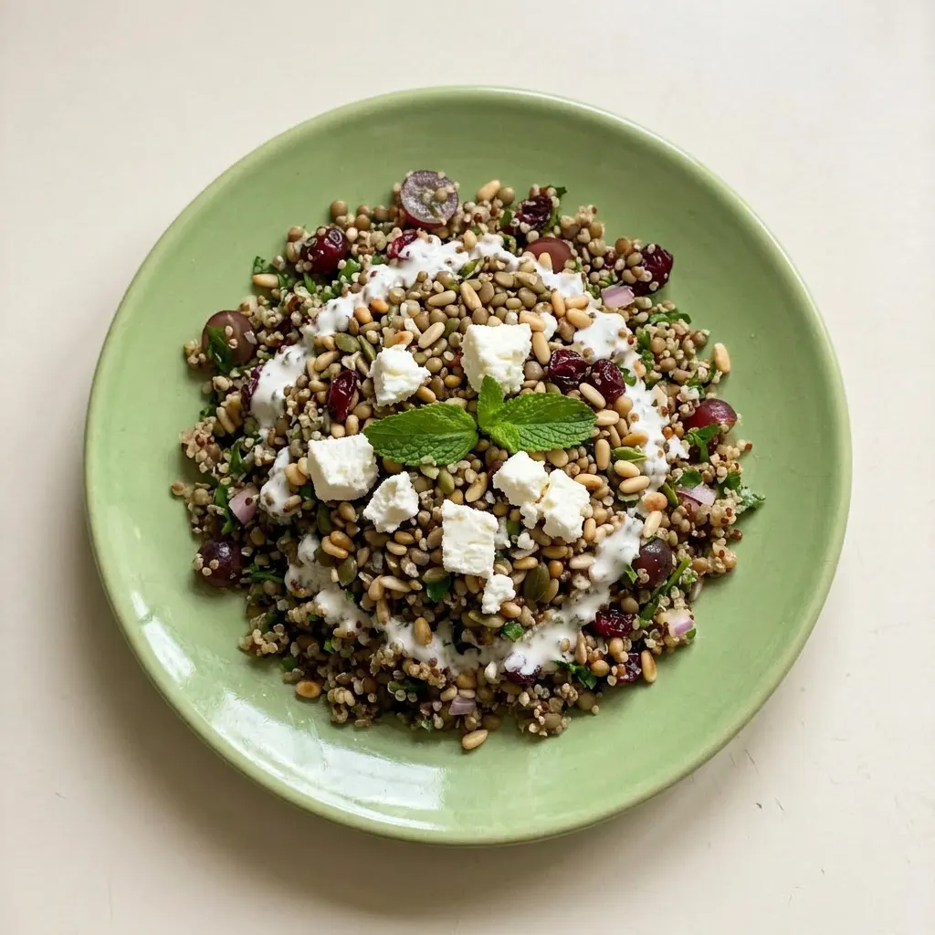 A plate of quinoa and lentil salad with feta, cranberries, toasted seeds, capers, and herbs, finished with a yogurt-cumin dressing.