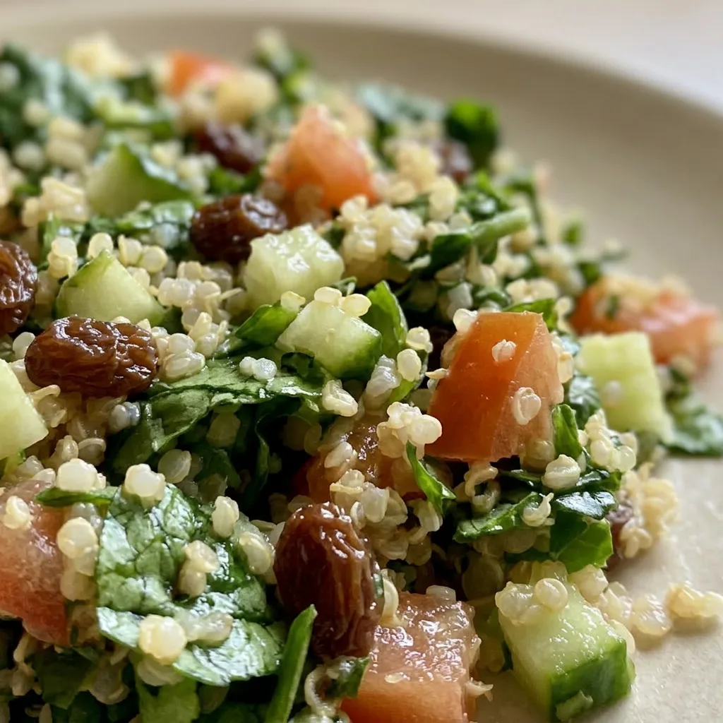 Zoomed in on quinoa mixed with baby spinach, cherry tomato halves, cucumber chunks, and golden raisins glistening with dressing.
