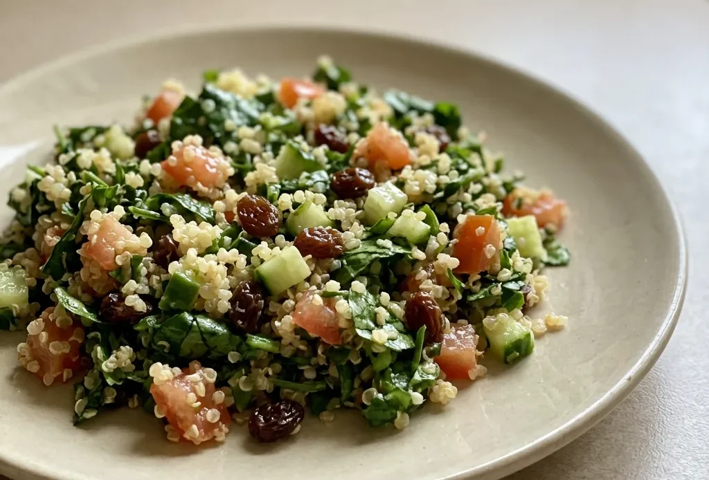 Bird's-eye view of a quinoa spinach salad with diced tomatoes, cucumber slices, and raisins drizzled with lemon olive oil.