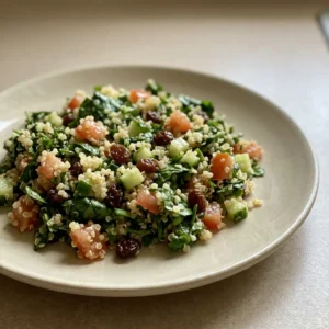 Bird's-eye view of a quinoa spinach salad with diced tomatoes, cucumber slices, and raisins drizzled with lemon olive oil.