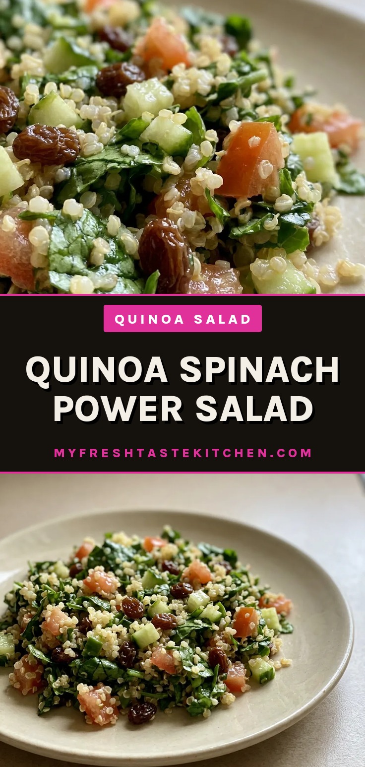 Bird's-eye view of a quinoa spinach salad with diced tomatoes, cucumber slices, and raisins drizzled with lemon olive oil.