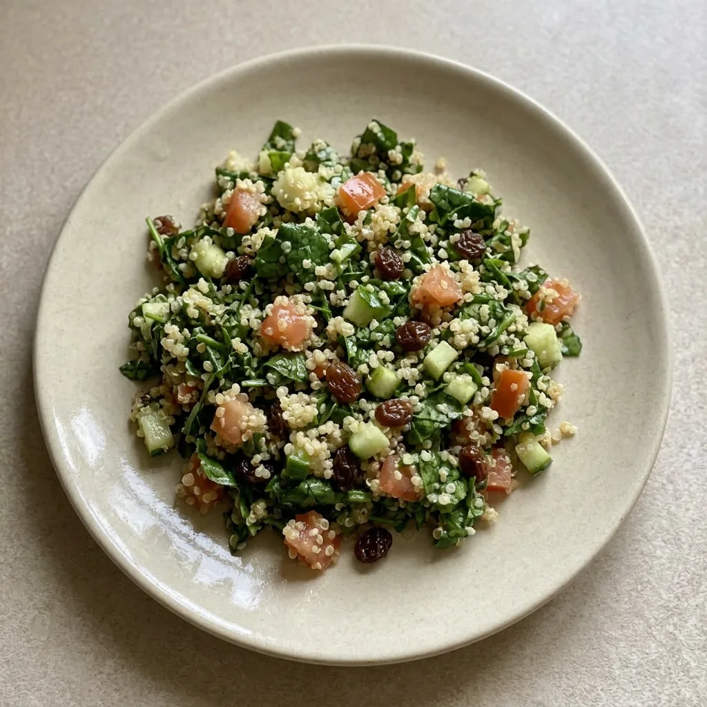 Ready to serve: a mound of quinoa and spinach topped with tomato wedges, cucumber coins, and raisins, finished with lemon juice and olive oil.