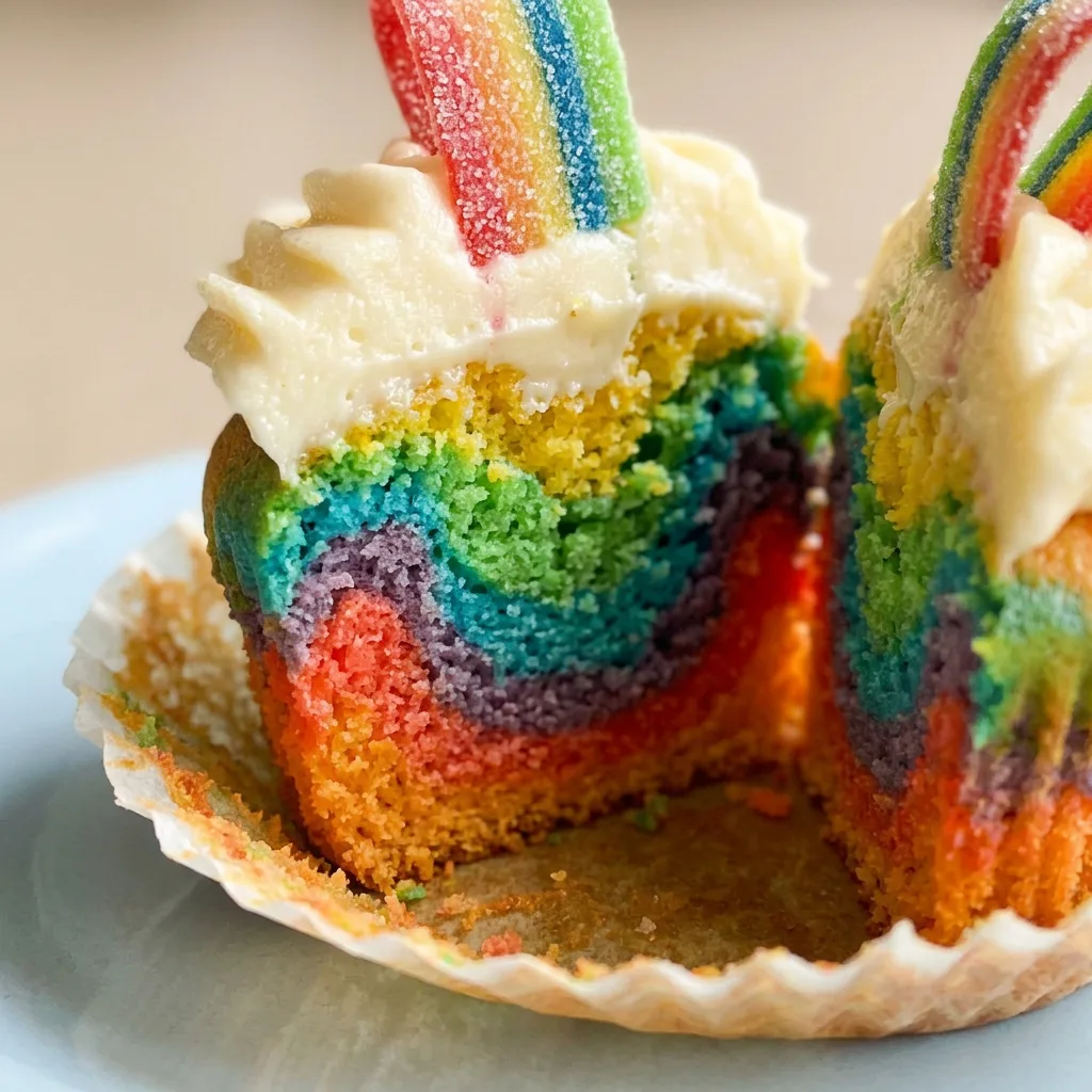 Close view of a rainbow muffin with swirled colors, cream cheese frosting, and gummy strips.
