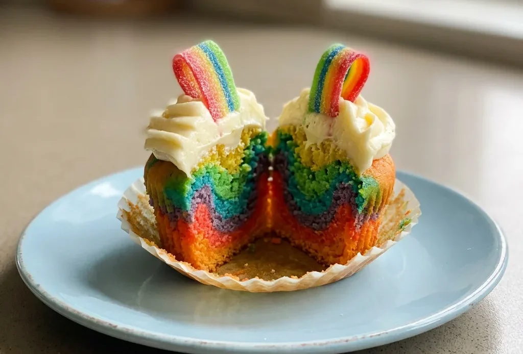 Overhead shot of three rainbow muffins topped with cream cheese frosting and rainbow gummy strips.
