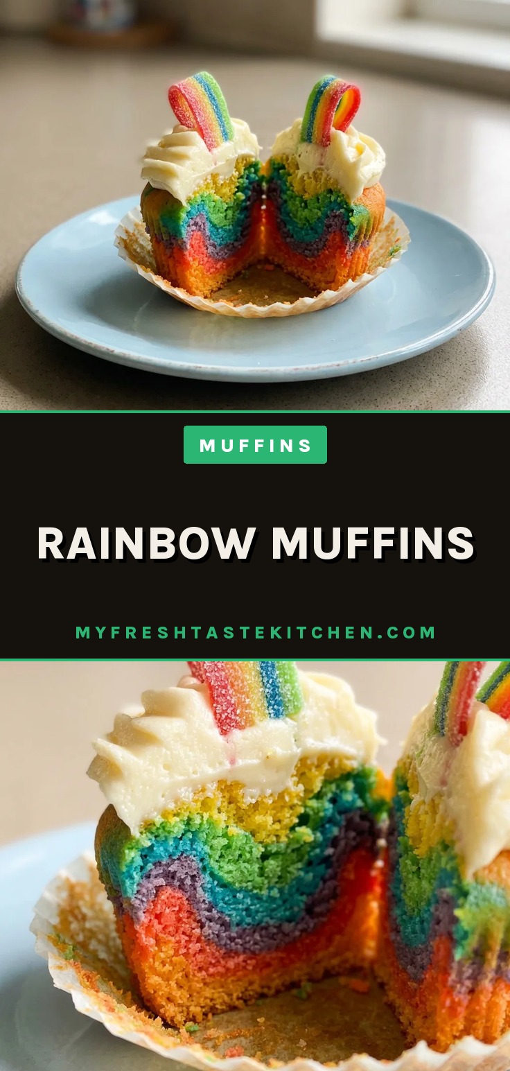 Overhead shot of three rainbow muffins topped with cream cheese frosting and rainbow gummy strips.