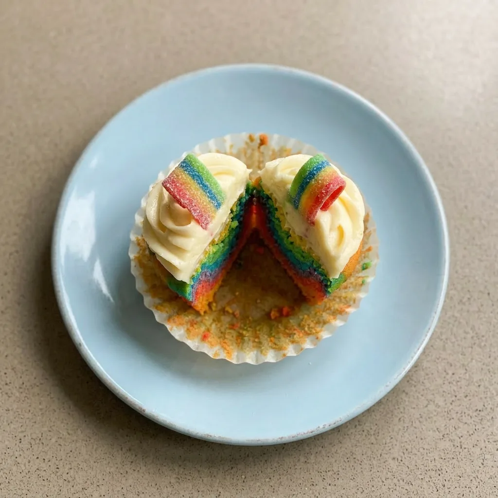 Plated muffin with visible rainbow layers, cream cheese topping, and colorful gummy strips.