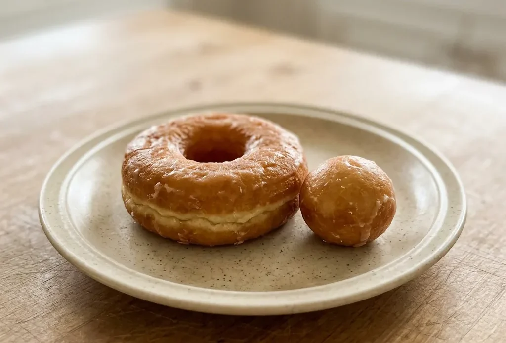 Bird's-eye view of three golden brown donuts with strawberry jam filling oozing from the center.