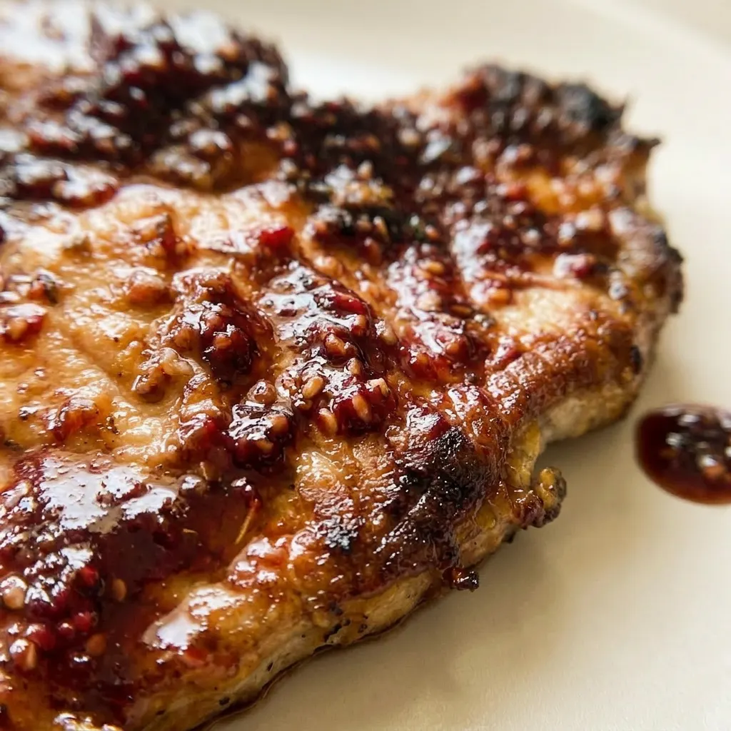 Close view of a pork chop with a thick raspberry balsamic glaze, garnished with a few raspberries.