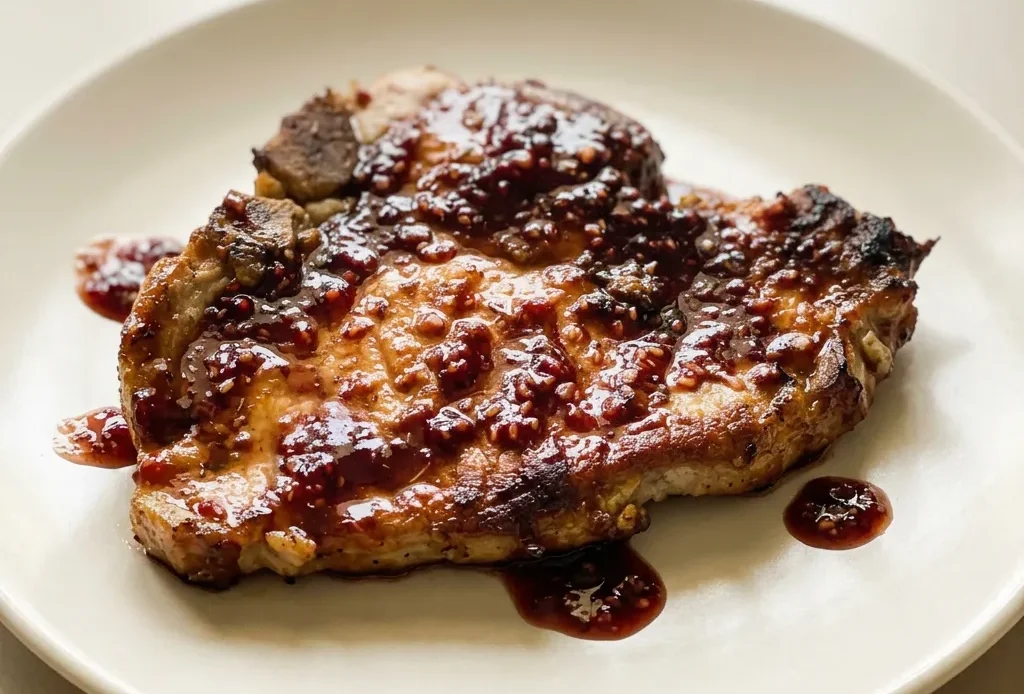 Overhead shot of two pork chops topped with glossy raspberry balsamic glaze and fresh raspberries.
