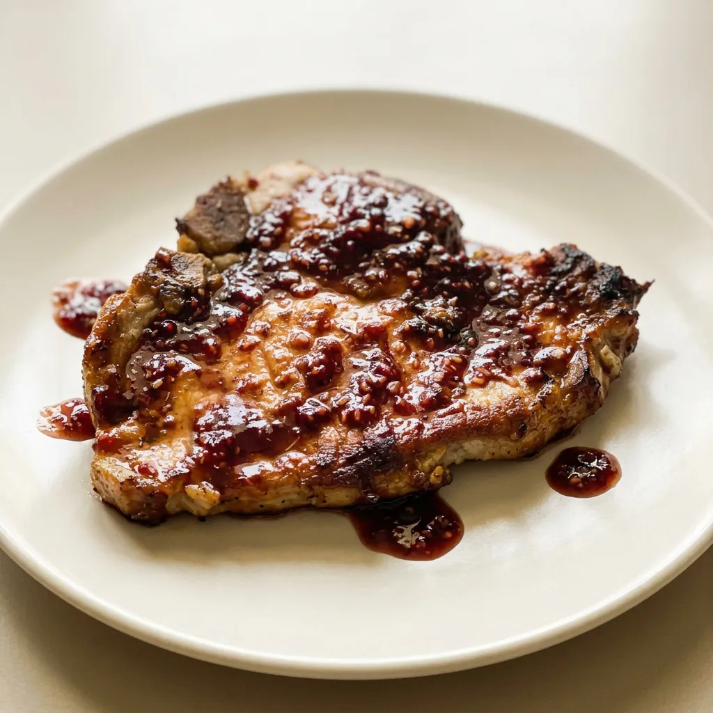 Overhead shot of two pork chops topped with glossy raspberry balsamic glaze and fresh raspberries.