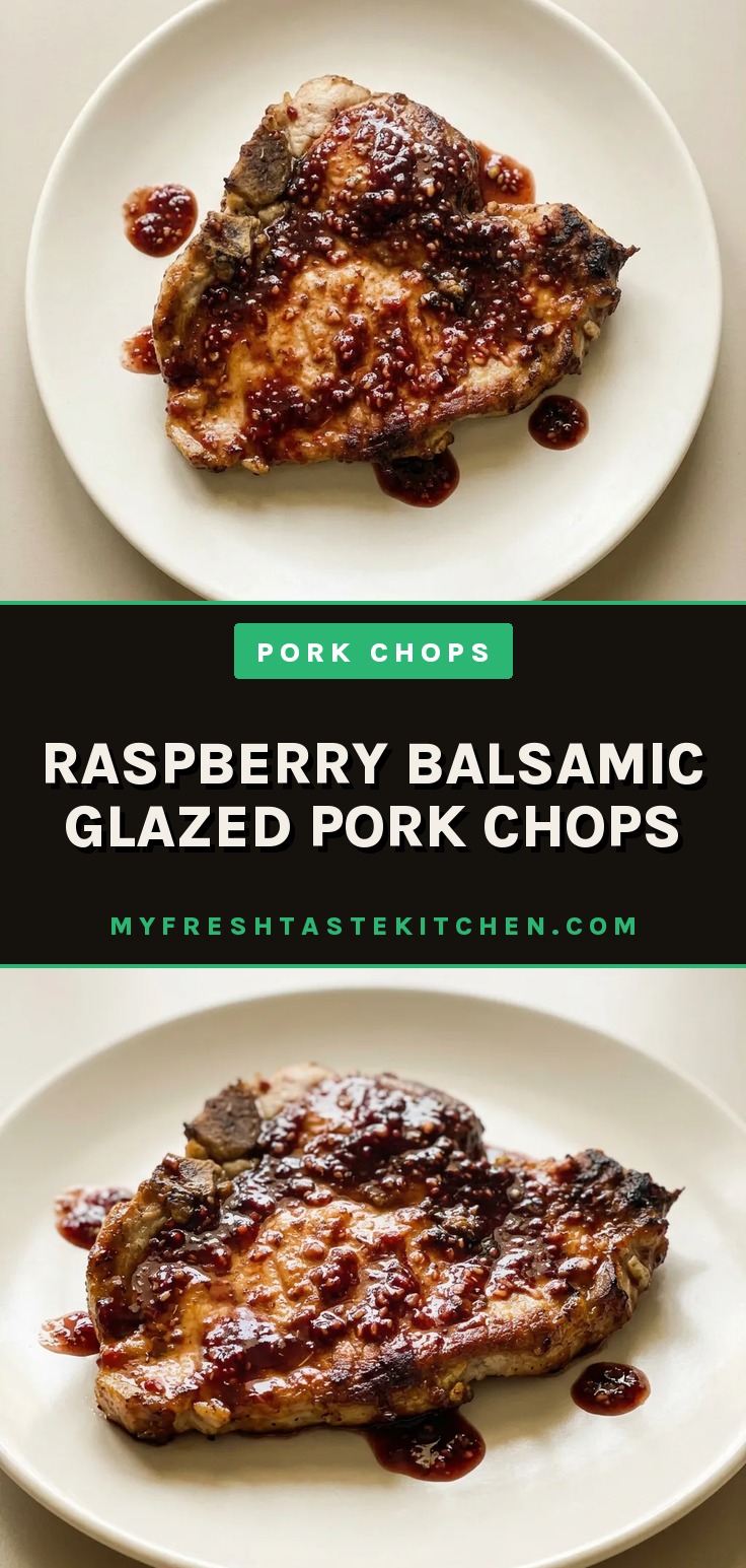 Overhead shot of two pork chops topped with glossy raspberry balsamic glaze and fresh raspberries.