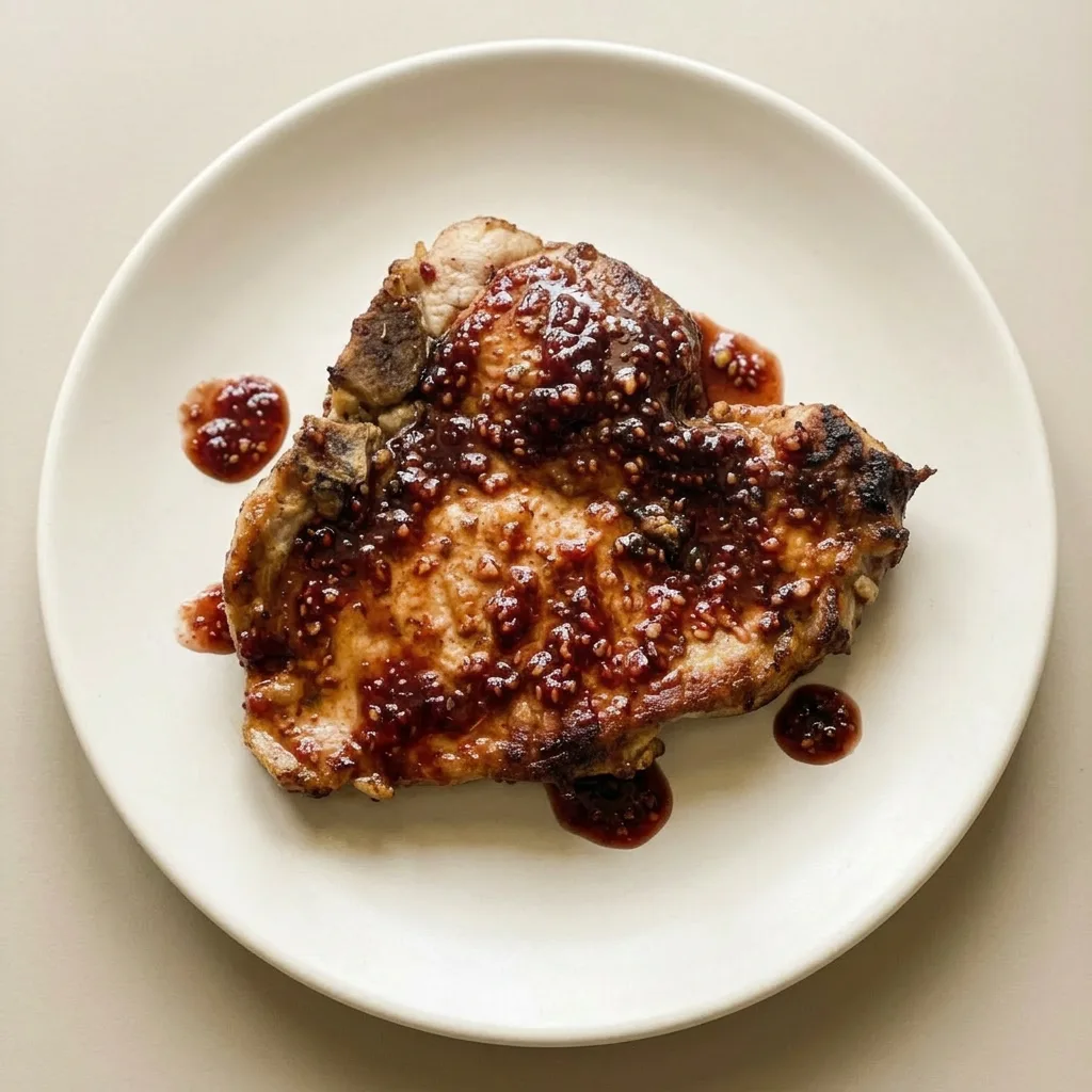Plated pork chop drizzled with raspberry balsamic reduction and scattered raspberries.