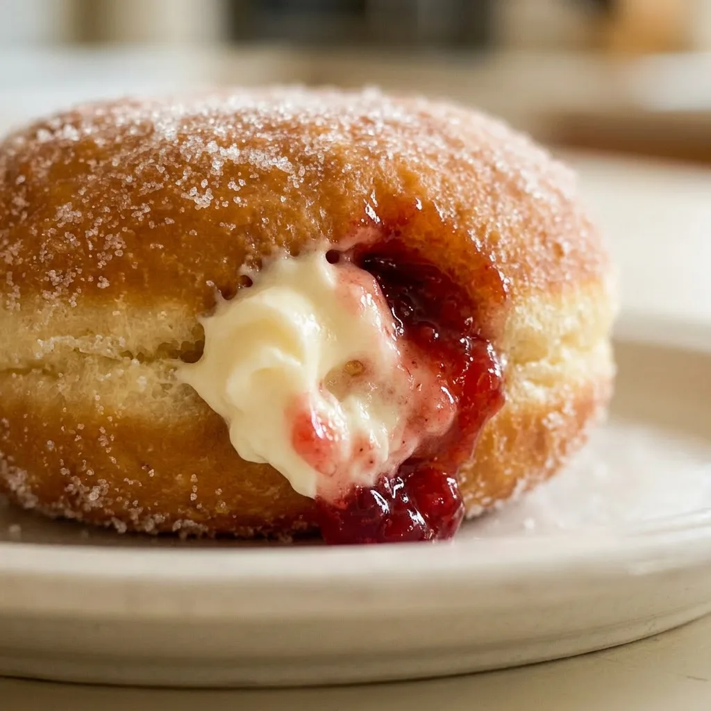 Up close, a donut with thick cream cheese filling oozing from the side, topped with raspberry and white icing.