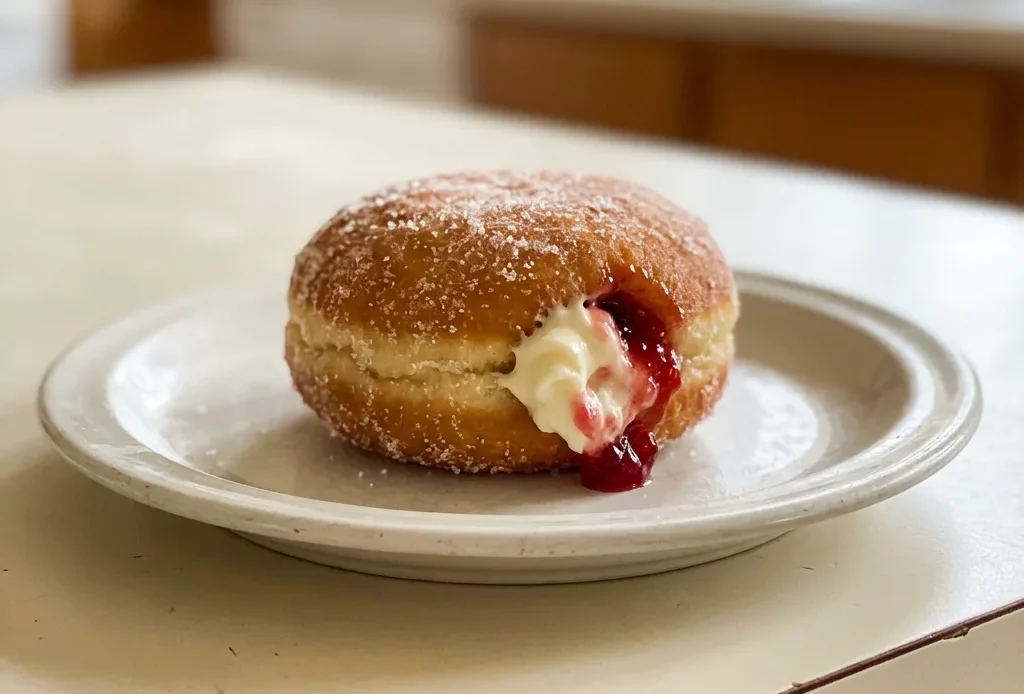 Looking down at three round donuts with glossy pink icing and a raspberry on top, cream cheese filling visible at the edge.