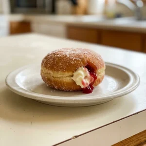 Looking down at three round donuts with glossy pink icing and a raspberry on top, cream cheese filling visible at the edge.