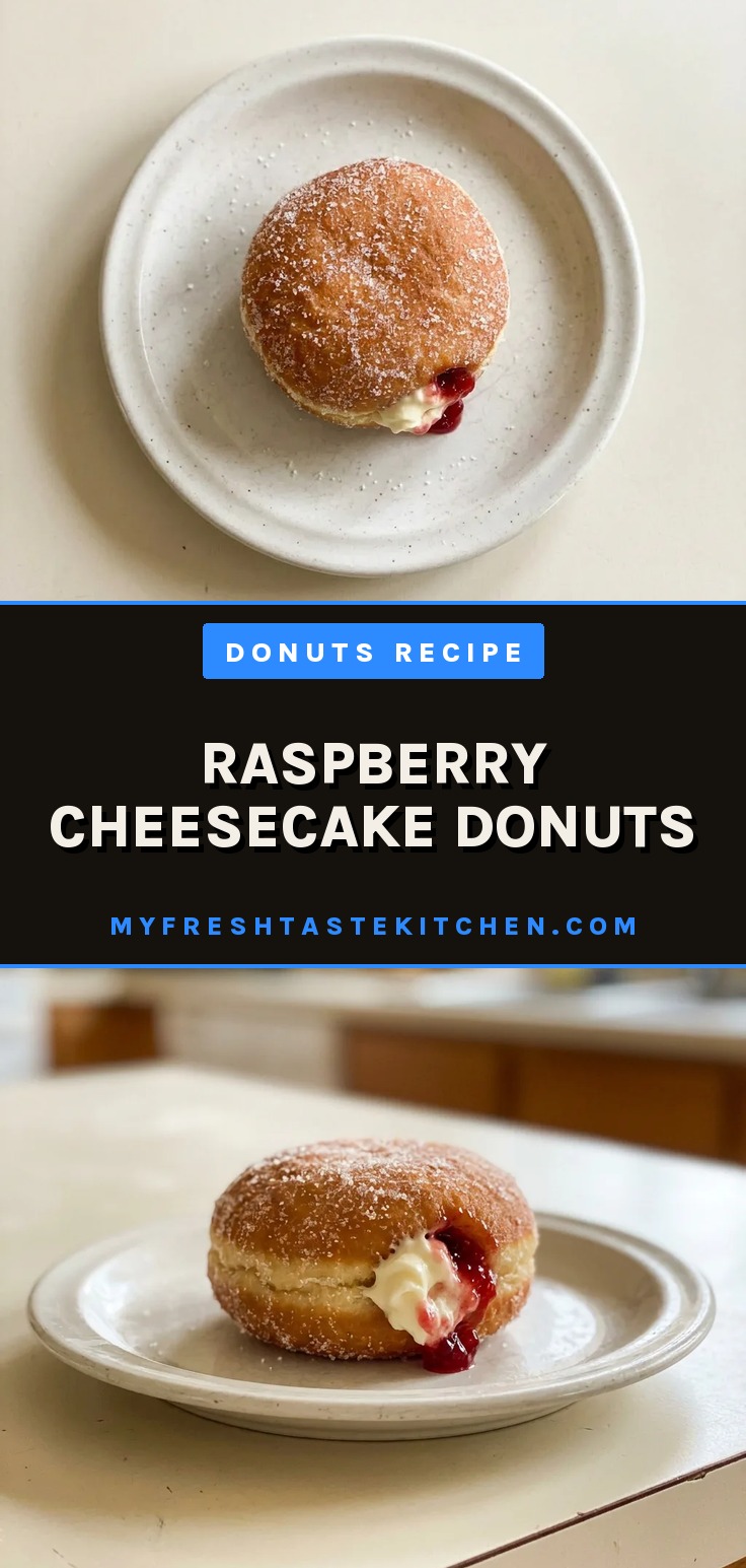 Raspberry cheesecake donuts with cream cheese filling and raspberry compote visible inside.