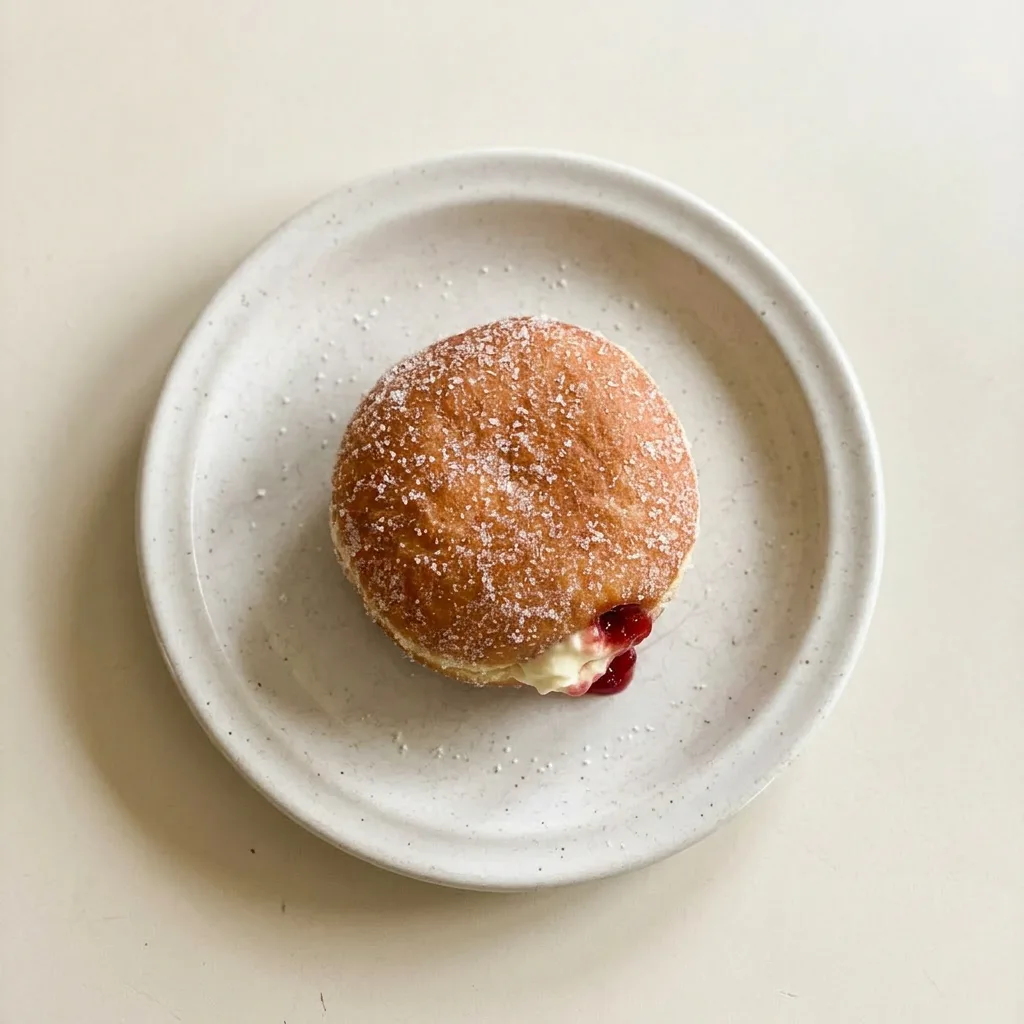 A plate of three raspberry cheesecake donuts, each with a raspberry and cream cheese filling, drizzled with icing.