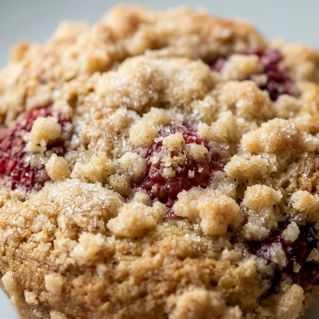 Macro detail of a muffin showing a crumbly streusel crust with raspberry bits and a soft, moist interior.