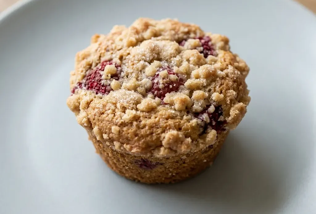 Top-down look at a muffin with a golden brown streusel topping and visible raspberry pieces scattered across the surface.