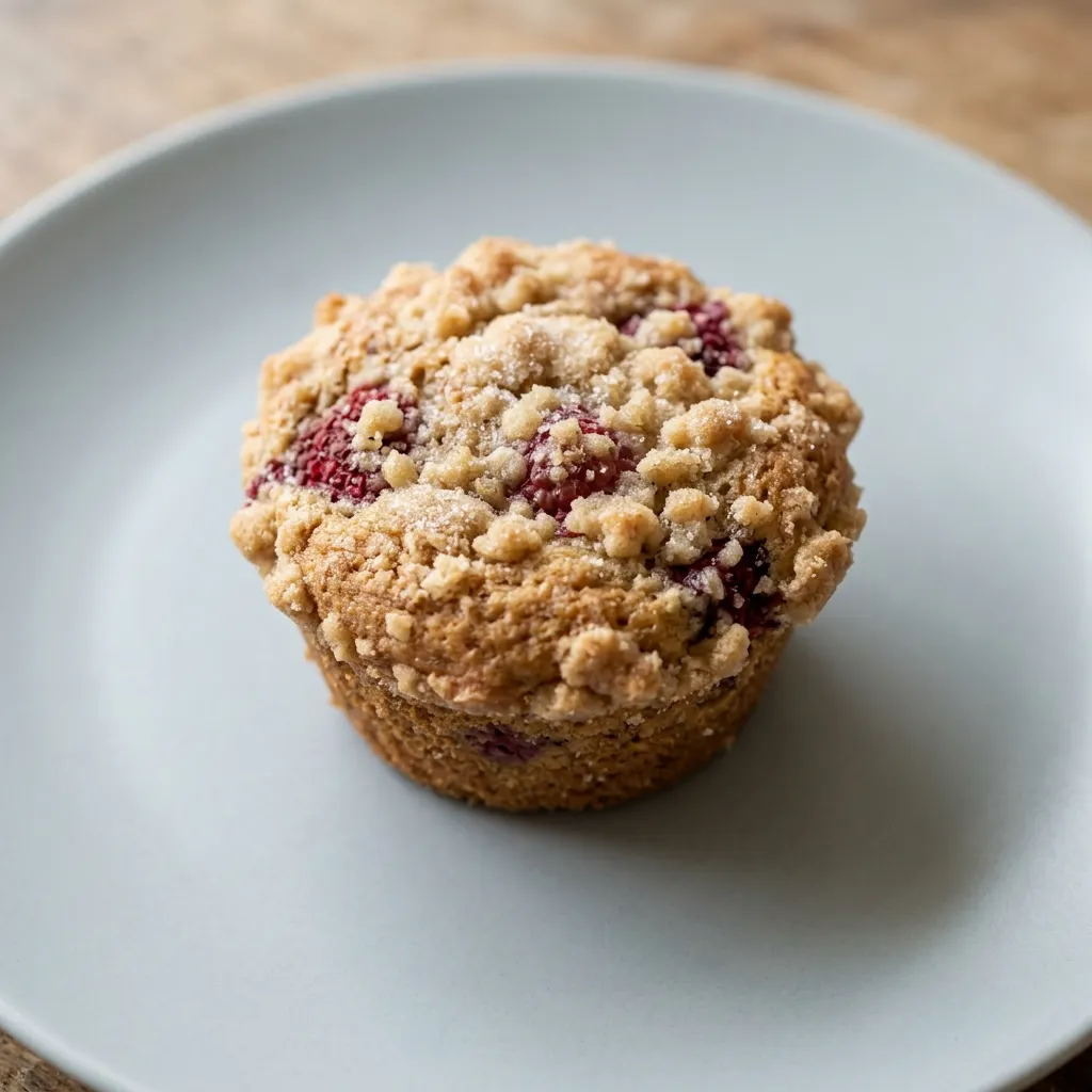 Top-down look at a muffin with a golden brown streusel topping and visible raspberry pieces scattered across the surface.