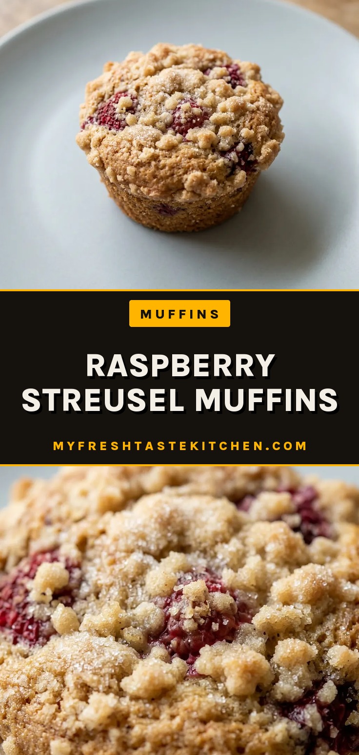 Top-down look at a muffin with a golden brown streusel topping and visible raspberry pieces scattered across the surface.