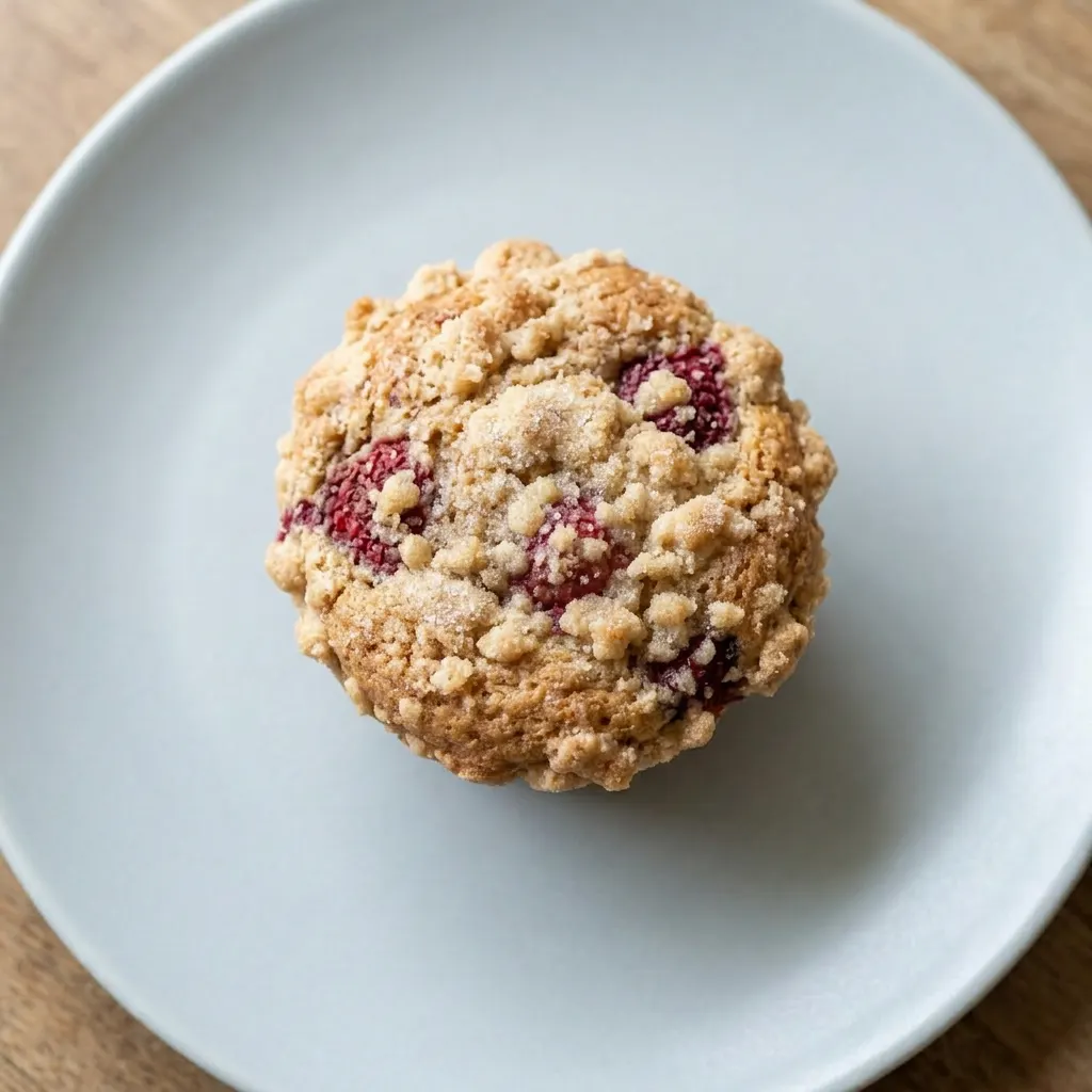 A serving of a muffin with a thick streusel layer, raspberry studs, and a light yogurt glaze on top.