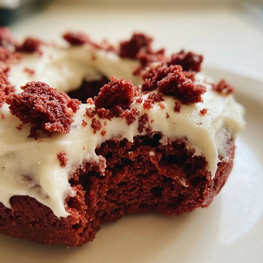Up close, a red velvet donut with cream cheese frosting, visible cocoa specks, and white sprinkles.