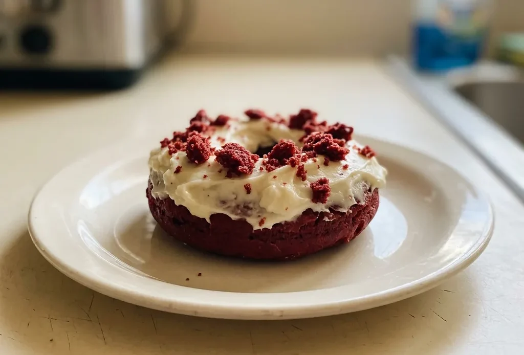 Looking down at three red velvet donuts with cream cheese frosting and white sprinkles on a dark surface.
