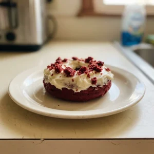 Looking down at three red velvet donuts with cream cheese frosting and white sprinkles on a dark surface.